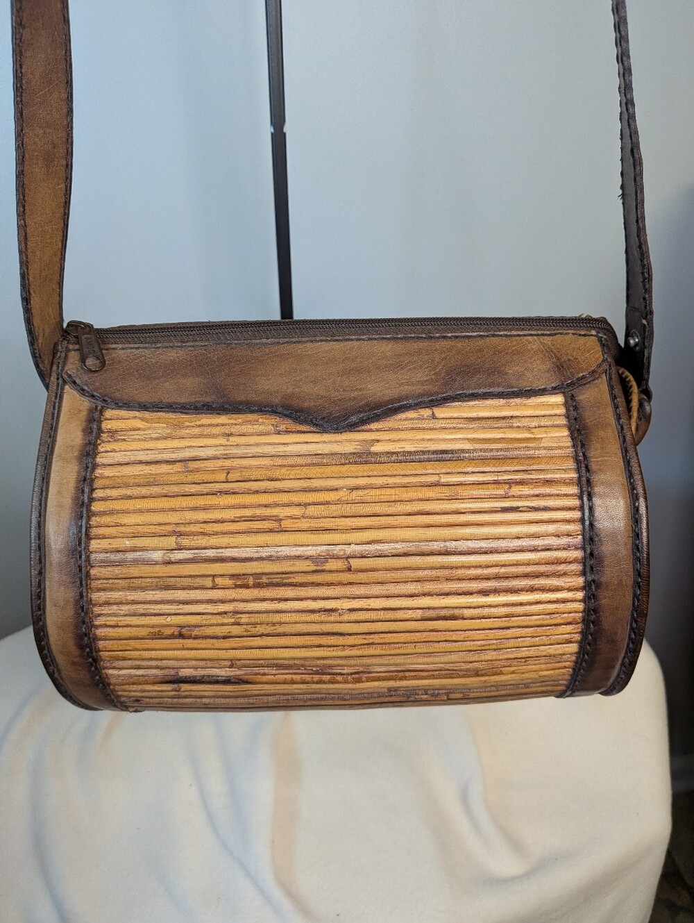 Vintage Island Imports Barrel Crossbody Bag Leather Bamboo Wood Slats Indonesia